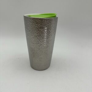 Starbucks Hammered Silver Tumbler Green Lid 2023 Holiday Metallic Foil